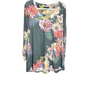 Soft Surroundings Midnight Blooms V-Neck Tunic Length Floral Sweater Sz L
